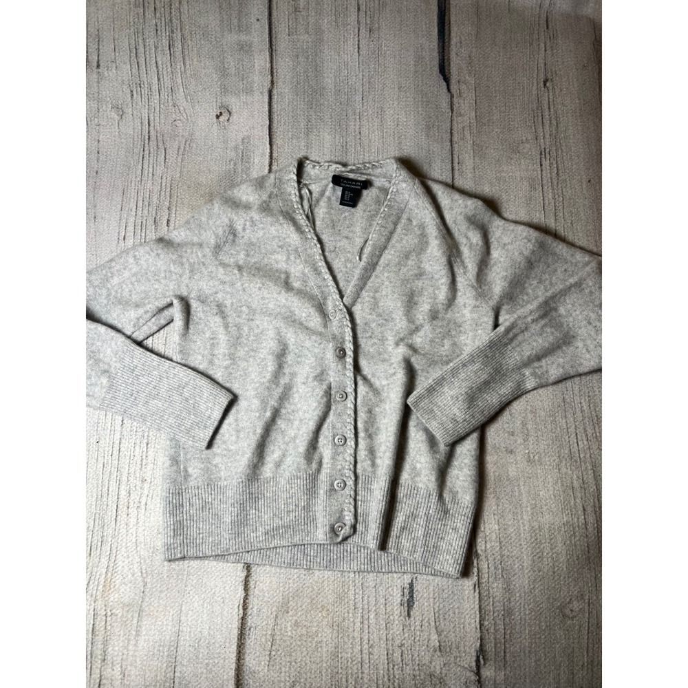 Tahari Cashmere Cardigan Women XL Gray V-Neck Minimalist Luxury Knit Sweater